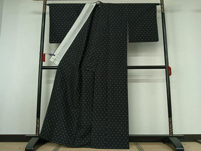 平和屋着物▽上質な紬　単衣　十字絣　黒地　正絹　逸品　AABH5674jh