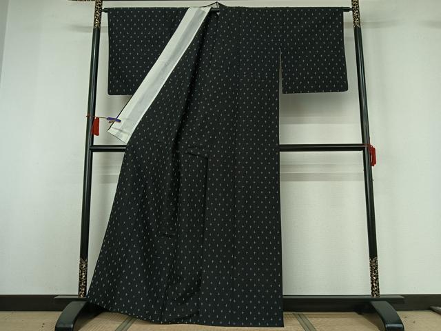 平和屋着物▽上質な紬　単衣　十字絣　黒地　正絹　逸品　AABH5674jh