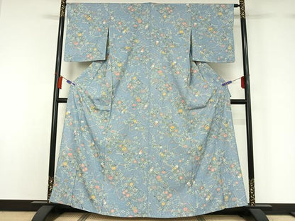 平和屋着物▽上質な小紋　単衣　草花文　金彩　正絹　逸品　AABH5679jh