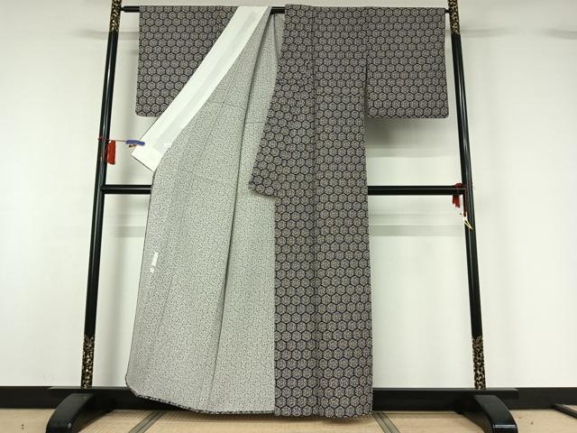 平和屋着物▽加納昭一　小紋　単衣　亀甲花文　反端付き　正絹　逸品　AABH5683jh 平和屋着物▽加納昭一 小紋 単衣 亀甲花文 反端付き 正絹