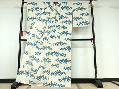 平和屋着物▽上質な小紋　単衣　紬地　草花文　正絹　逸品　AABH5687jh
