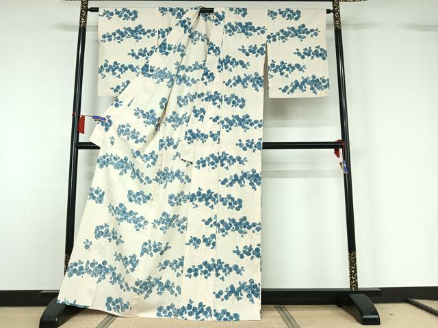 平和屋着物▽上質な小紋　単衣　紬地　草花文　正絹　逸品　AABH5687jh