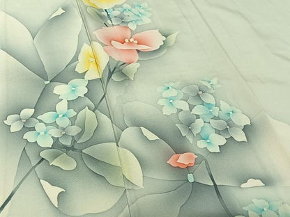 平和屋着物▽訪問着　単衣　草花文　暈し染め　正絹　逸品　AABH5698jh