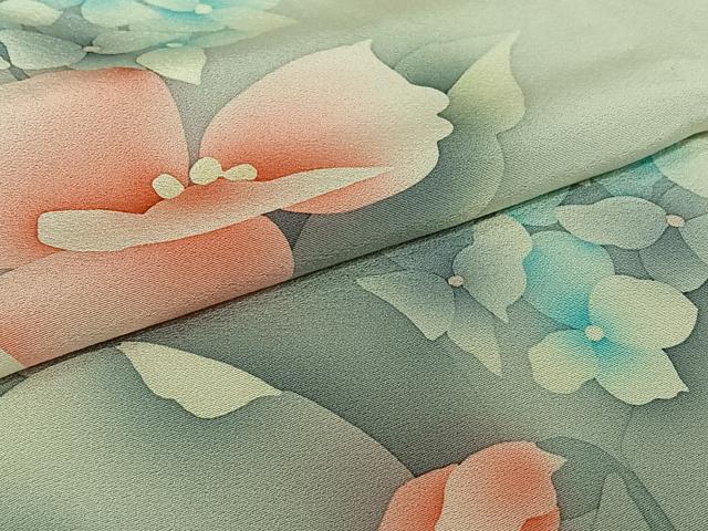 平和屋着物▽訪問着　単衣　草花文　暈し染め　正絹　逸品　AABH5698jh