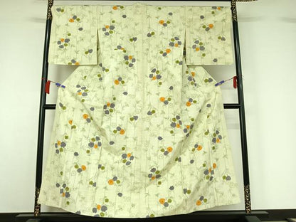 平和屋着物▽上質な紬 単衣 草花文 正絹 逸品 AABH5702jh