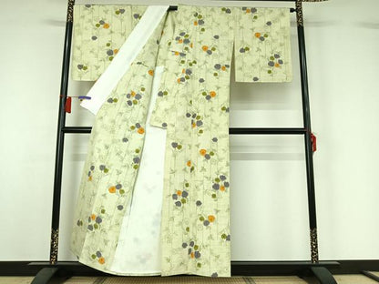 平和屋着物▽上質な紬 単衣 草花文 正絹 逸品 AABH5702jh