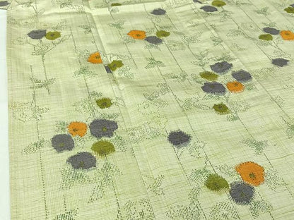 平和屋着物▽上質な紬 単衣 草花文 正絹 逸品 AABH5702jh