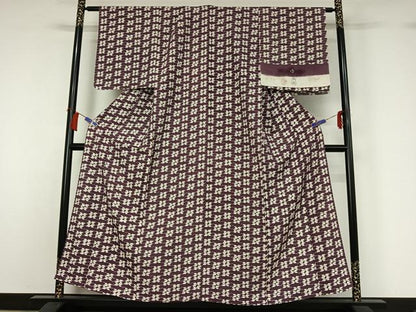 平和屋着物▽染織作家 渋紙型 渋谷和子 小紋 単衣 草花文 反端付き 正絹 逸品 AABH5705jh