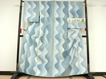 平和屋着物▽結城紬 単衣 霞文 暈し染め 証紙付き 正絹 逸品 AABH5709jh
