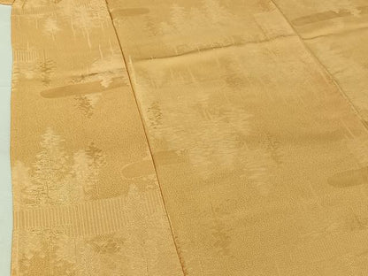 平和屋着物▽上質な色無地　単衣　樹林地紋　萱草色　正絹　逸品　AABH5725jh