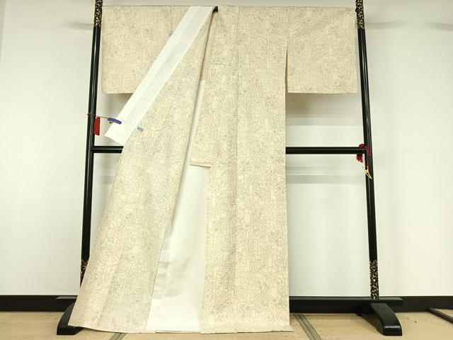 平和屋着物▽上質な紬　単衣　草花文　正絹　逸品　AABH5727jh 平和屋着物▽上質な紬 単衣 草花文 正絹 逸品 AABH5727jh