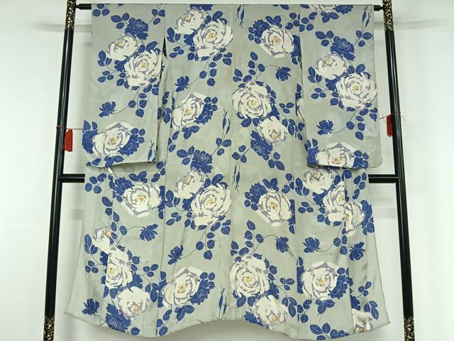 平和屋着物▽アンティーク　大正ロマン　小紋　単衣　草花文　正絹　逸品　AABH5728jh