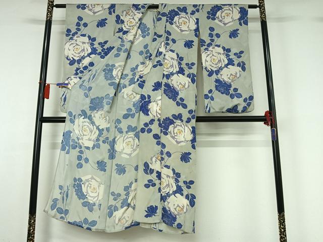 平和屋着物▽アンティーク　大正ロマン　小紋　単衣　草花文　正絹　逸品　AABH5728jh