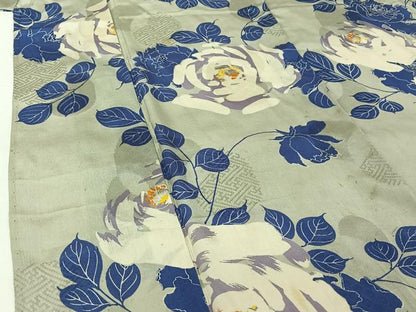 平和屋着物▽アンティーク　大正ロマン　小紋　単衣　草花文　正絹　逸品　AABH5728jh
