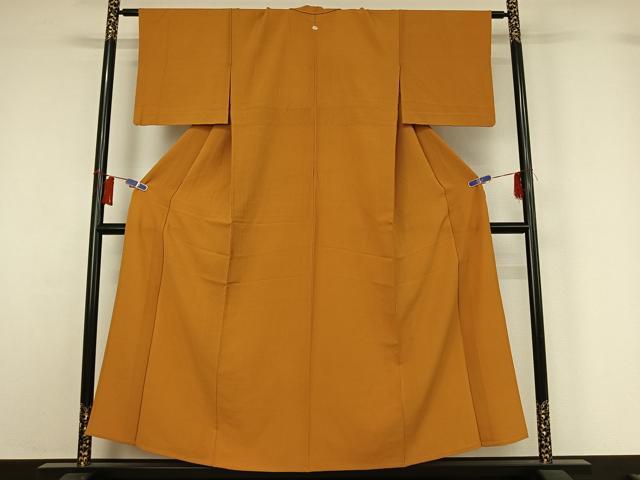 平和屋着物▽上質な色無地　単衣　山吹茶色　鬼しぼ縮緬　正絹　逸品　AABH5740jh