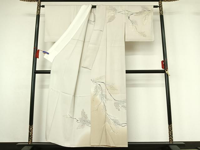 平和屋着物▽訪問着　単衣　作家物　手描き　枝葉文　暈し染め　正絹　逸品　AABH5743jh