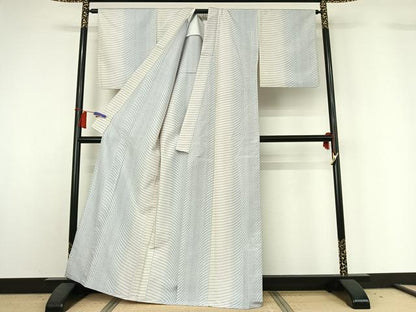 平和屋着物▽上質な紬　単衣　横段文　正絹　逸品　AABH5745jh