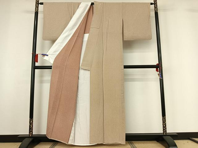 平和屋着物▽江戸小紋　単衣　万筋　象牙色×白橡色　反端付き　正絹　逸品　AABH5750jh 平和屋着物▽江戸小紋 単衣 万筋 象牙色×白橡色