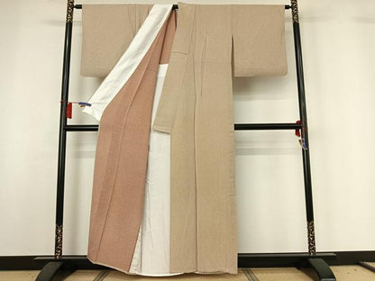 平和屋着物▽江戸小紋　単衣　万筋　象牙色×白橡色　反端付き　正絹　逸品　AABH5750jh