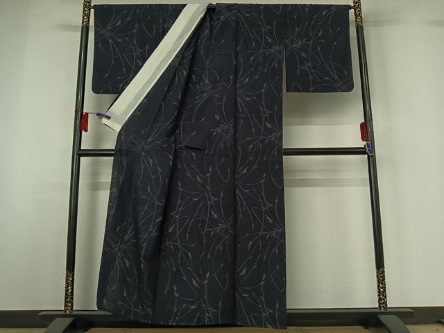 平和屋着物▽上質な紬　単衣　草花文　正絹　逸品　AABH5753jh