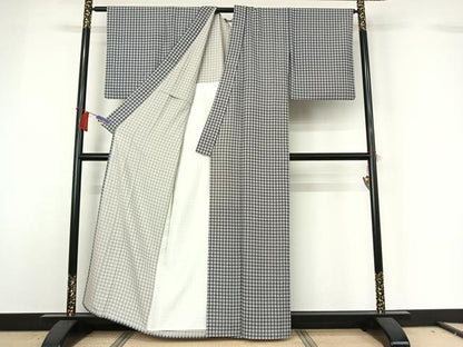 平和屋着物▽上質な小紋　単衣　格子　正絹　逸品　AABH5756jh