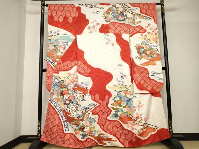 平和屋着物●豪華振袖　友禅　駒刺繍　御所車花文　金彩　京王百貨店扱い　正絹　逸品　AABH5765ck