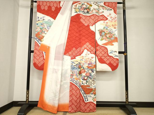 平和屋着物●豪華振袖　友禅　駒刺繍　御所車花文　金彩　京王百貨店扱い　正絹　逸品　AABH5765ck