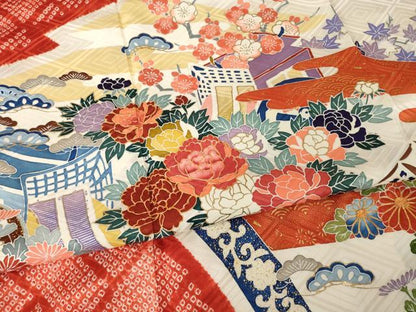 平和屋着物●豪華振袖　友禅　駒刺繍　御所車花文　金彩　京王百貨店扱い　正絹　逸品　AABH5765ck