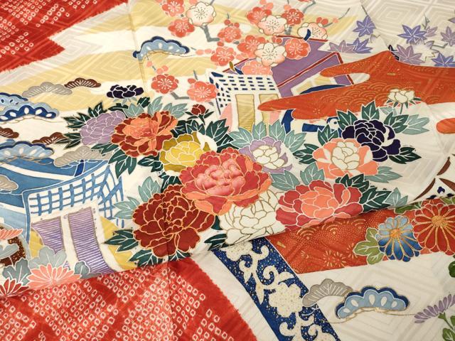 平和屋着物●豪華振袖　友禅　駒刺繍　御所車花文　金彩　京王百貨店扱い　正絹　逸品　AABH5765ck