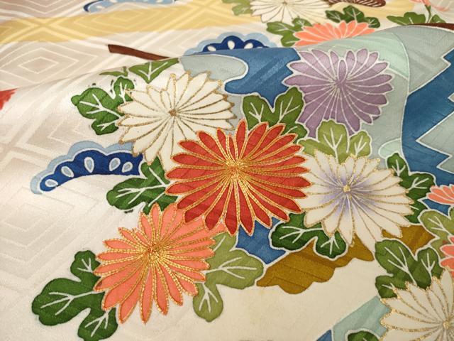 平和屋着物●豪華振袖　友禅　駒刺繍　御所車花文　金彩　京王百貨店扱い　正絹　逸品　AABH5765ck