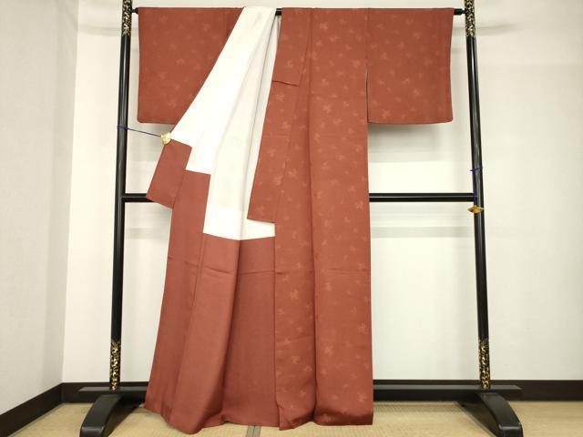 平和屋着物●上質な色無地　草花文　海老茶色　正絹　逸品　AABH5767ck