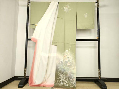 平和屋着物●訪問着　友禅　草花文　暈し染め　金彩　ロング丈　正絹　逸品　AABH5772ck