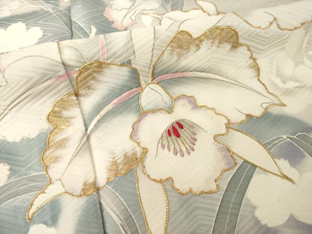 平和屋着物●豪華振袖　駒刺繍　草花文　金彩　ロング丈　正絹　逸品　AABH5775ck