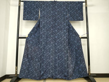 平和屋着物●上質な小紋　紬地　型染め　藍　花唐草文　正絹　逸品　AABH5786ck
