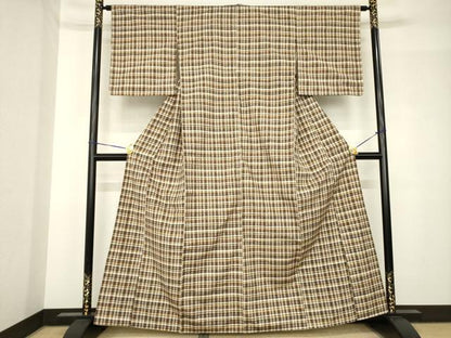 平和屋着物●極上紬　格子　正絹　逸品　AABH5787ck