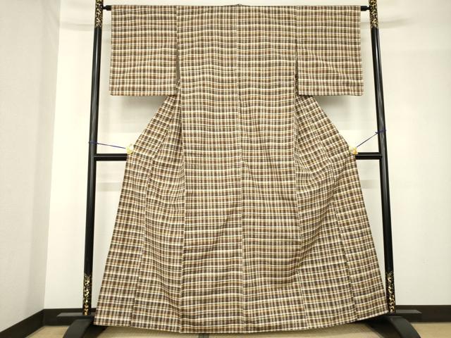 平和屋着物●極上紬　格子　正絹　逸品　AABH5787ck