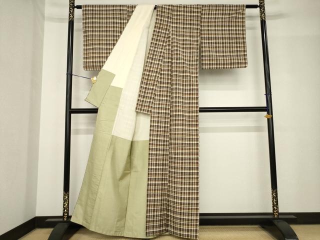 平和屋着物●極上紬　格子　正絹　逸品　AABH5787ck