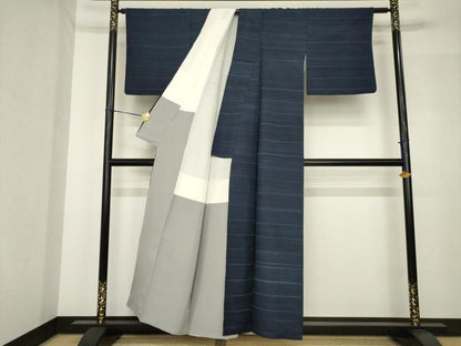 平和屋着物●極上　紬　横段文　正絹　逸品　AABH5790ck