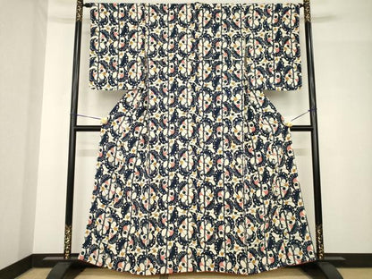平和屋着物●浦野理一　型染め　小紋　枝花文　鬼しぼ縮緬　正絹　逸品　AABH5791ck