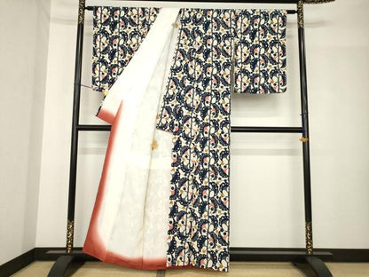 平和屋着物●浦野理一　型染め　小紋　枝花文　鬼しぼ縮緬　正絹　逸品　AABH5791ck