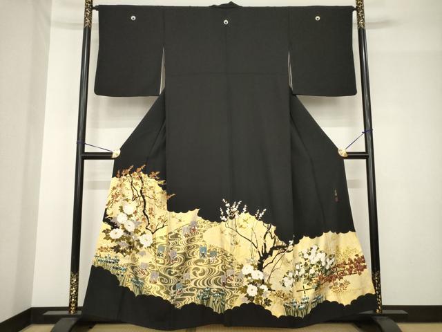 平和屋着物●松尾光琳　黒留袖　駒刺繍　花鳥文　百人一首　金彩　正絹　逸品　AABH5795ck