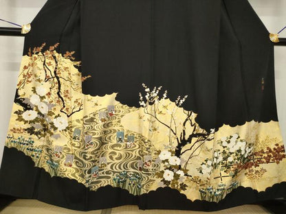 平和屋着物●松尾光琳　黒留袖　駒刺繍　花鳥文　百人一首　金彩　正絹　逸品　AABH5795ck