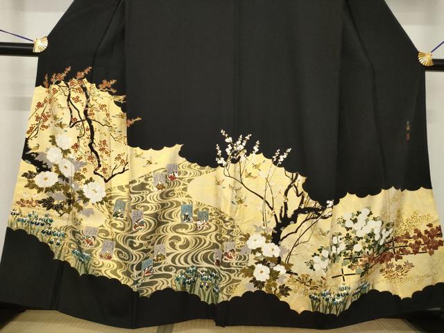 平和屋着物●松尾光琳　黒留袖　駒刺繍　花鳥文　百人一首　金彩　正絹　逸品　AABH5795ck