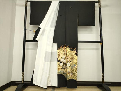平和屋着物●松尾光琳　黒留袖　駒刺繍　花鳥文　百人一首　金彩　正絹　逸品　AABH5795ck