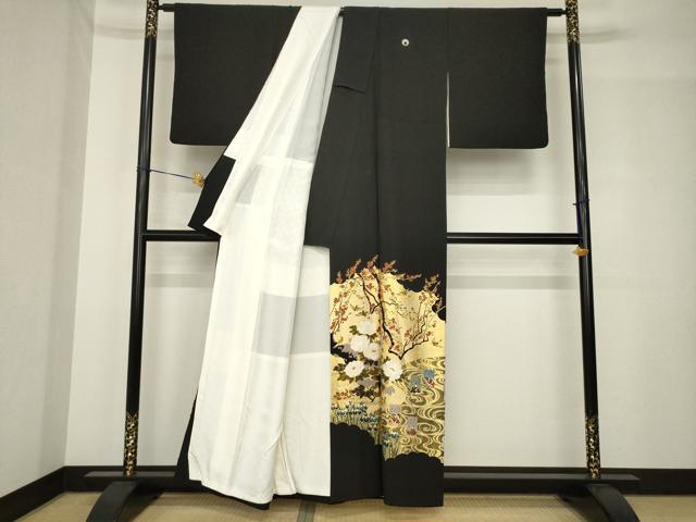 平和屋着物●松尾光琳　黒留袖　駒刺繍　花鳥文　百人一首　金彩　正絹　逸品　AABH5795ck