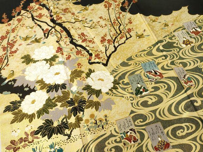 平和屋着物●松尾光琳　黒留袖　駒刺繍　花鳥文　百人一首　金彩　正絹　逸品　AABH5795ck
