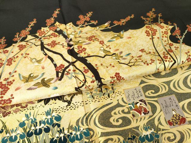 平和屋着物●松尾光琳　黒留袖　駒刺繍　花鳥文　百人一首　金彩　正絹　逸品　AABH5795ck