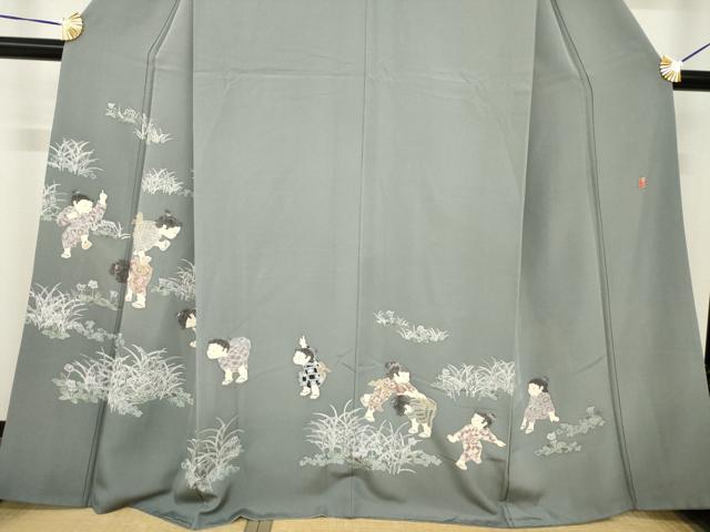 平和屋着物●十日町友禅作家　関口遼一　訪問着　童子　馬とび　正絹　逸品　AABH5804ck