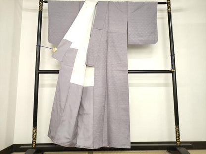 平和屋着物●お召　紗綾形地紋　葡萄鼠色　正絹　逸品　AABH5809ck