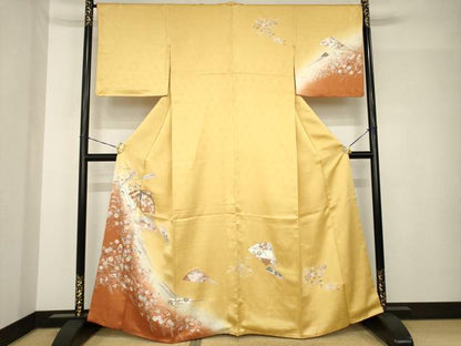 平和屋着物●訪問着　友禅　駒刺繍　扇面花蝶文　暈し染め　金彩　正絹　逸品　AABH5832ck